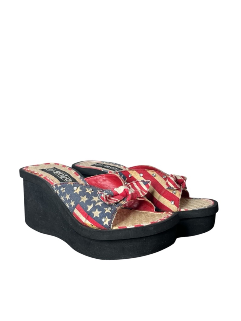 Y2K Vintage Soho American Flag Print Bow Chunky Platform Wedges July 4th Summer
